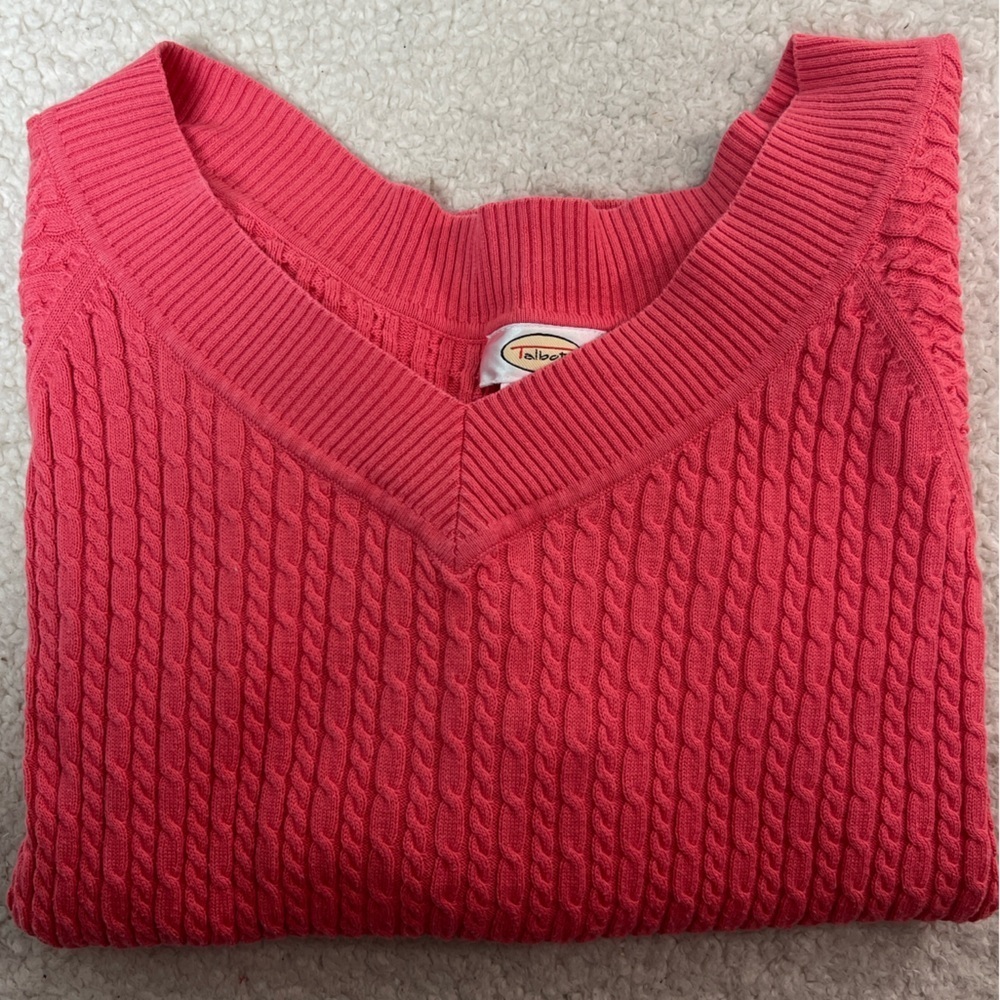 Talbots Coral/Pink Cable Knit V-Neck 3/4 Sleeve Sweater Size: XL - Picture 2 of 11